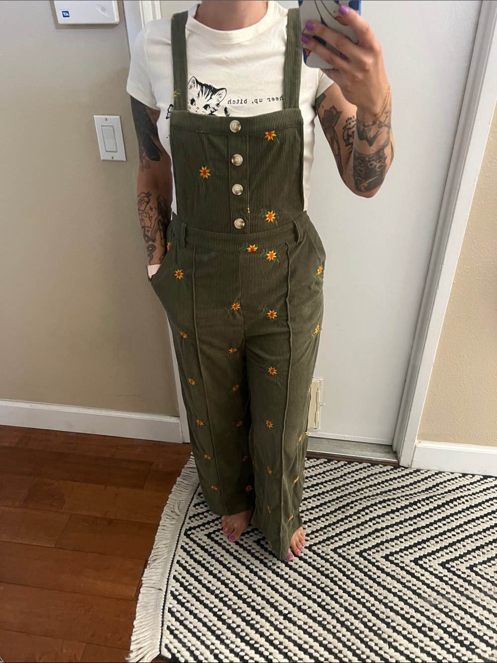 Cider Olive Green Embroidered Corduroy Wide-Leg Jumpsuit